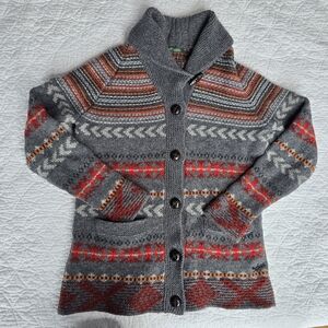 Woolrich Gray Shawl Collar Fair Isle Wool Cardigan with Red & Orange Accents